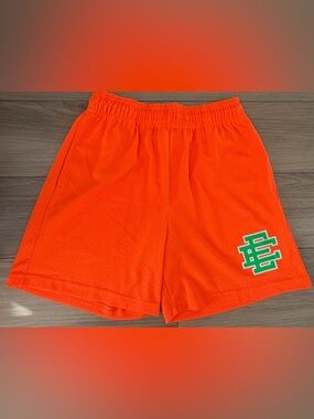 Eric Emanuel EE Orange Mesh Green Logo Drawstring Athletic Shorts Medium